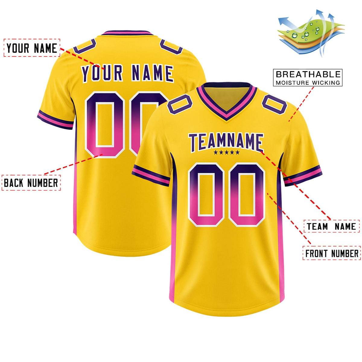 Custom Gold Purple and Pink Sides Gradient Fashion Personalized Team American Football Jersey