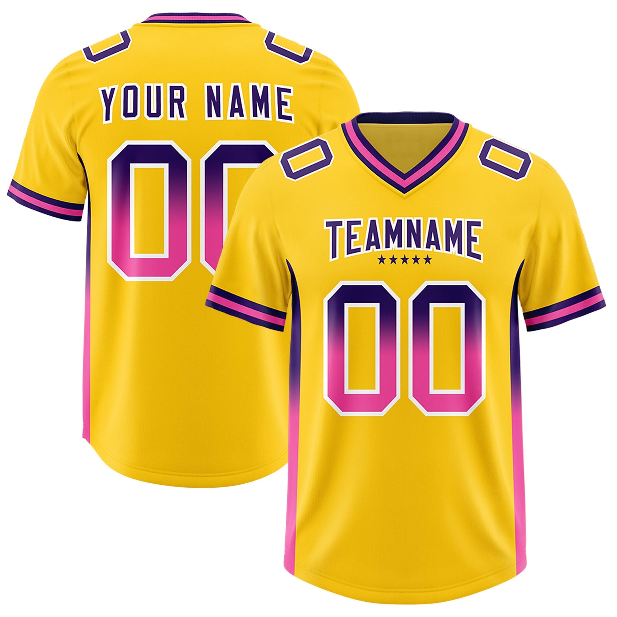 Custom Gold Purple and Pink Sides Gradient Fashion Personalized Team American Football Jersey