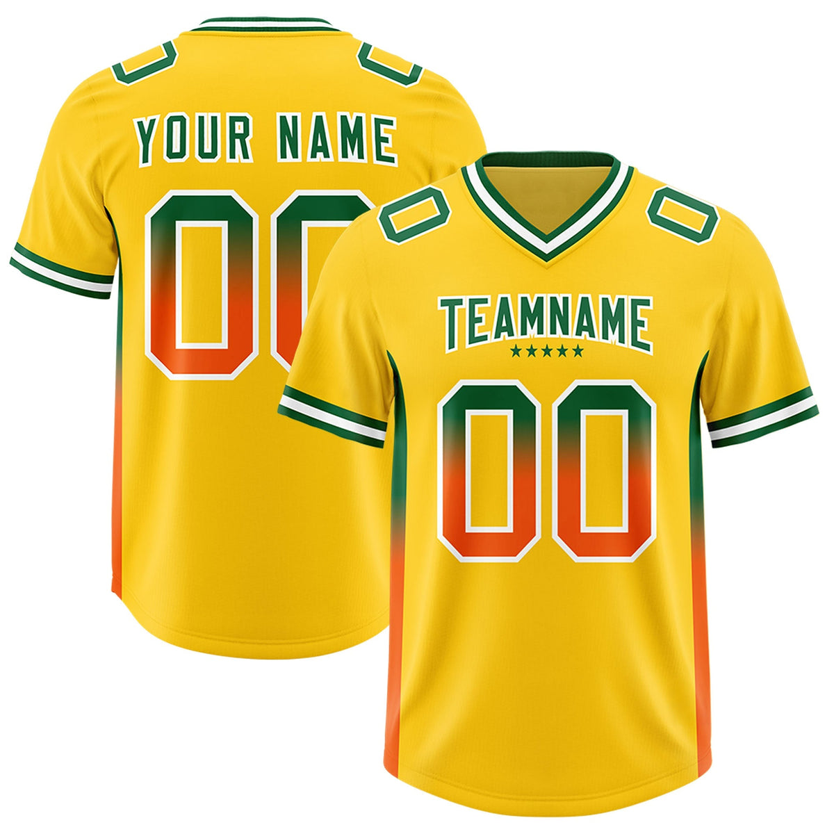 Custom Gold Kelly Green and Orange Sides Gradient Fashion Personalized Team American Football Jersey