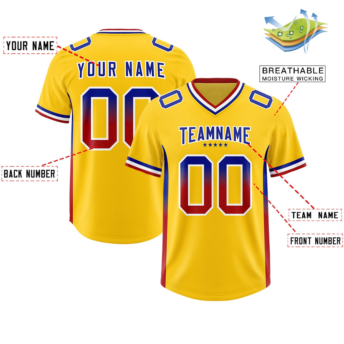 Custom Gold Royal and Red Sides Gradient Fashion Personalized Team American Football Jersey