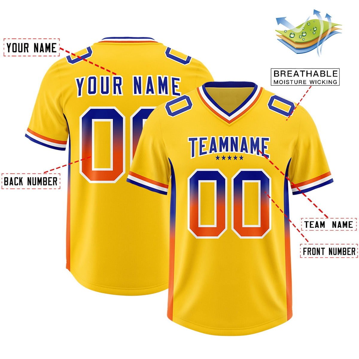 Custom Gold Royal and Orange Sides Gradient Fashion Personalized Team American Football Jersey