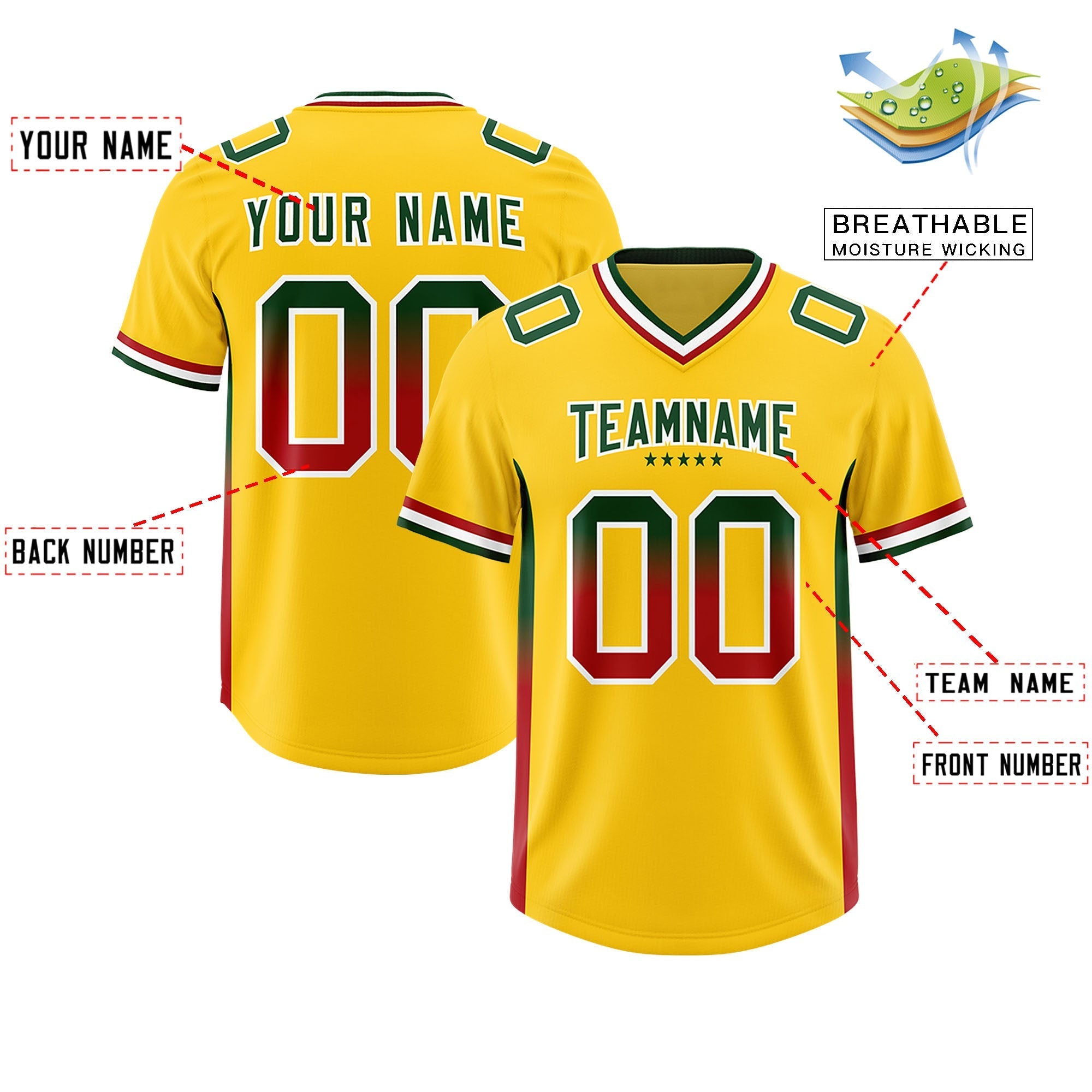 Custom Gold Green and Red Sides Gradient Fashion Personalized Team American Football Jersey