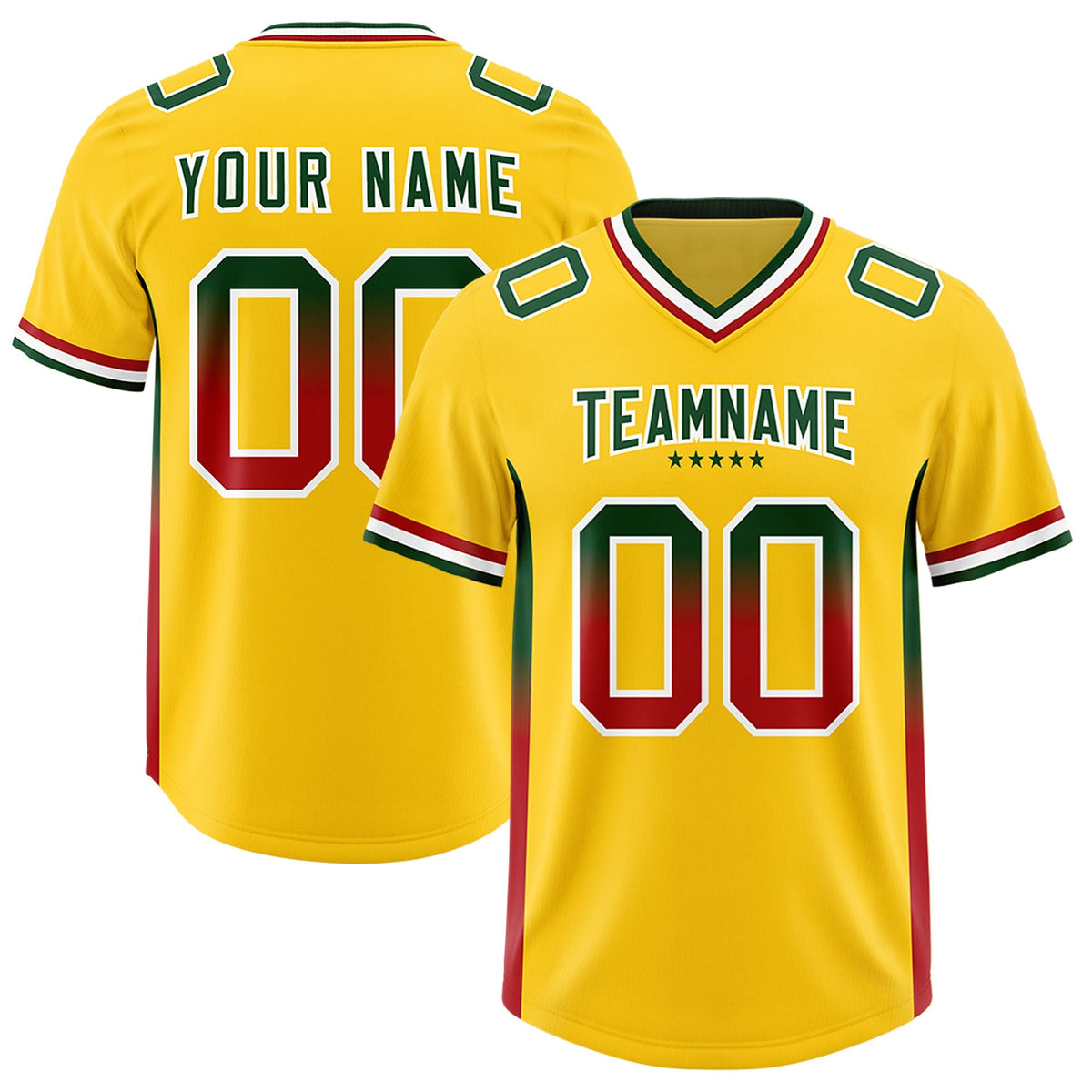 Custom Gold Green and Red Sides Gradient Fashion Personalized Team American Football Jersey