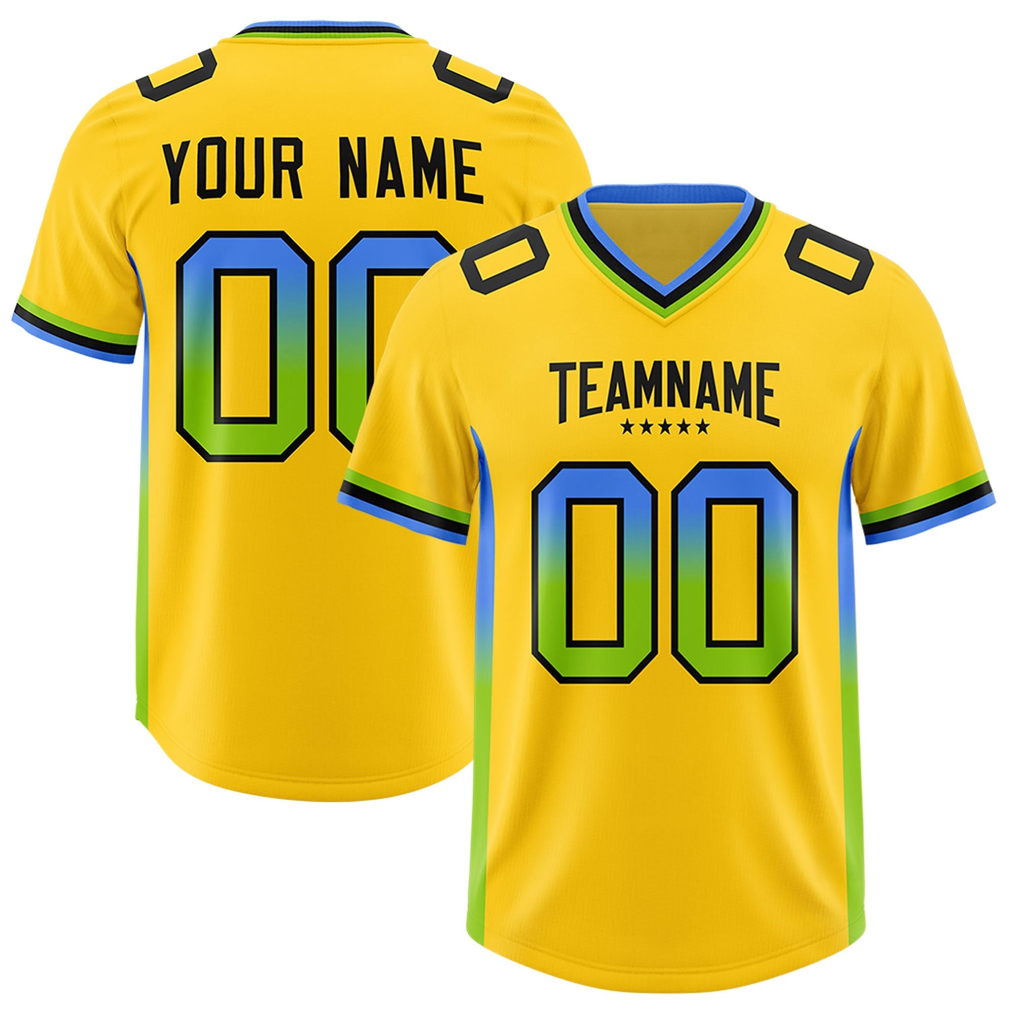 Custom Gold Powder Blue and Neon Green Sides Gradient Fashion Personalized Team American Football Jersey