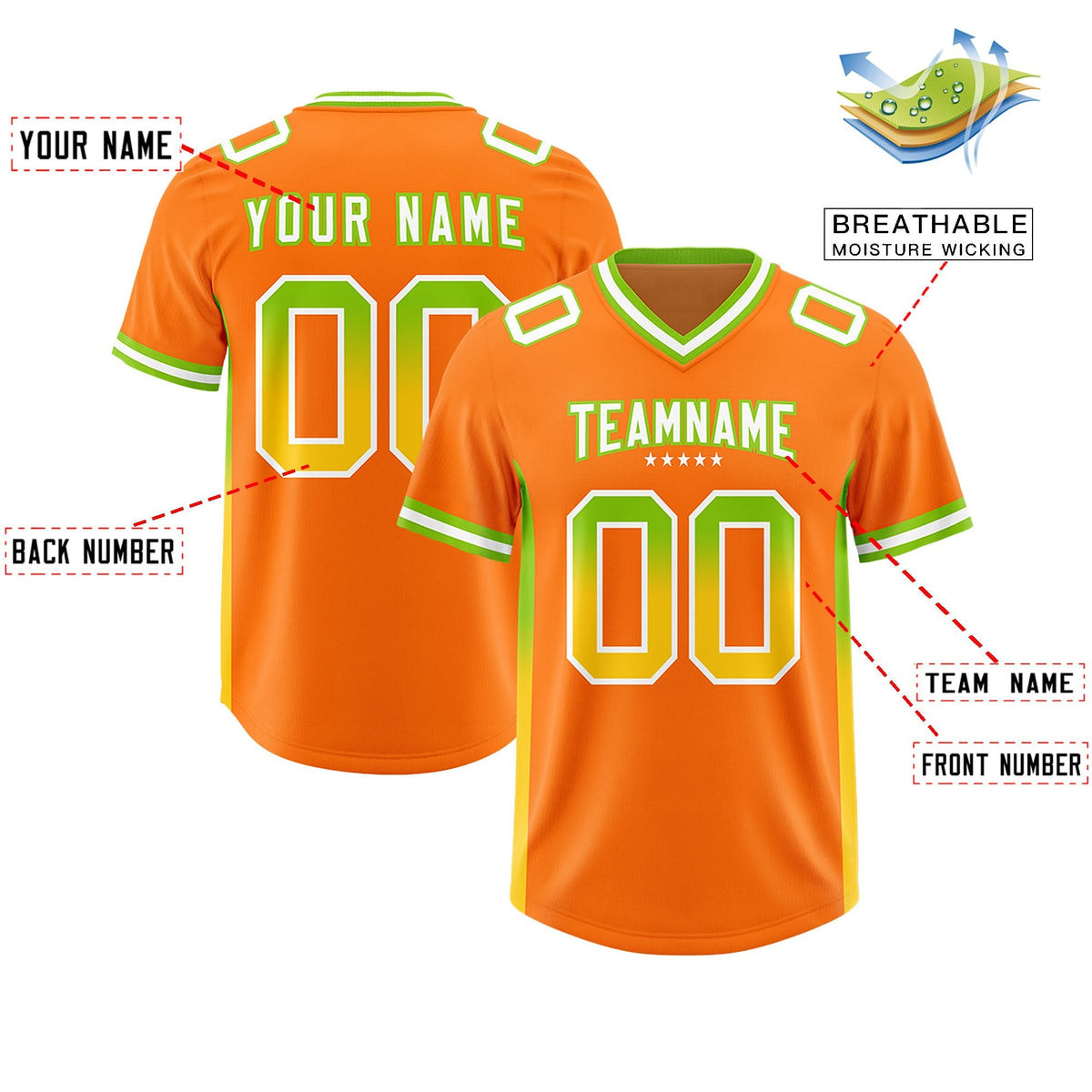 Custom Orange Neon Green and Gold Sides Gradient Fashion Personalized Team American Football Jersey