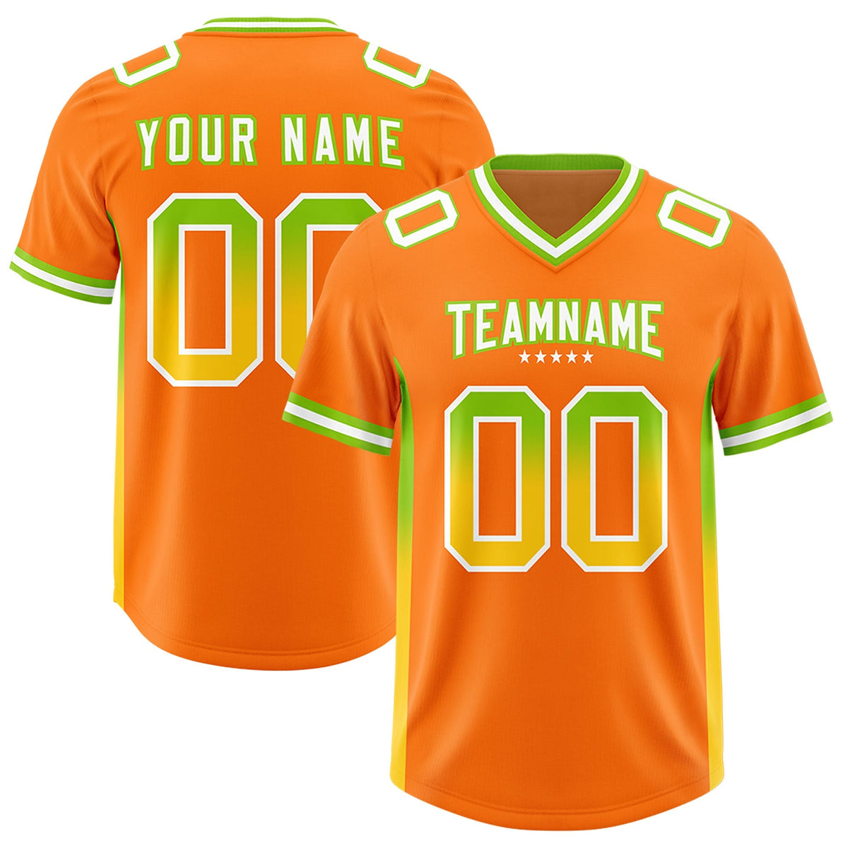 Custom Orange Neon Green and Gold Sides Gradient Fashion Personalized Team American Football Jersey