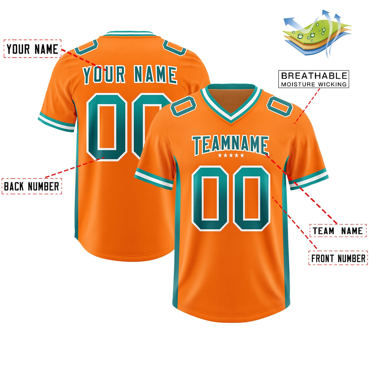 Custom Orange Aqua and Aqua Sides Gradient Fashion Personalized Team American Football Jersey