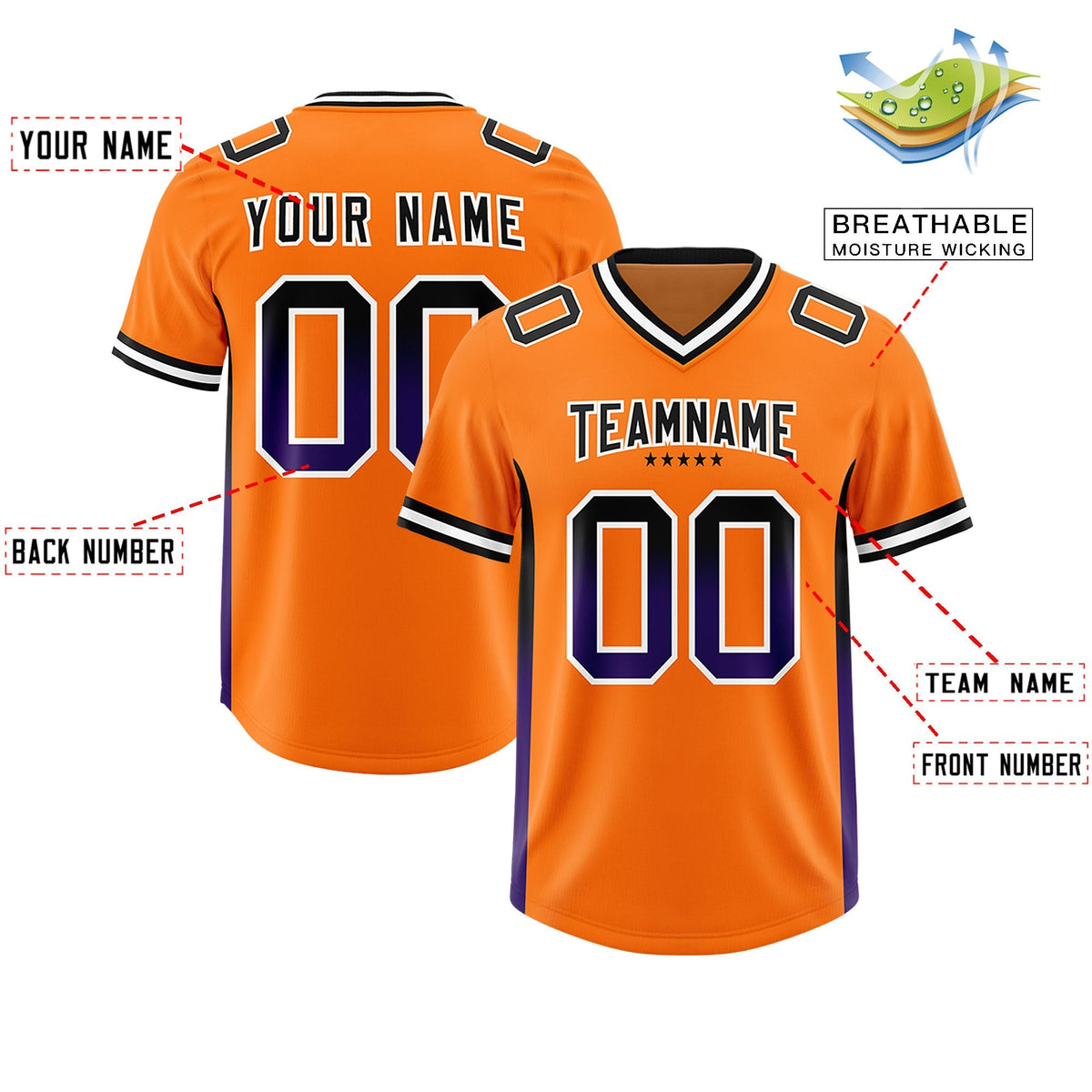 Custom Orange Black and Purple Sides Gradient Fashion Personalized Team American Football Jersey