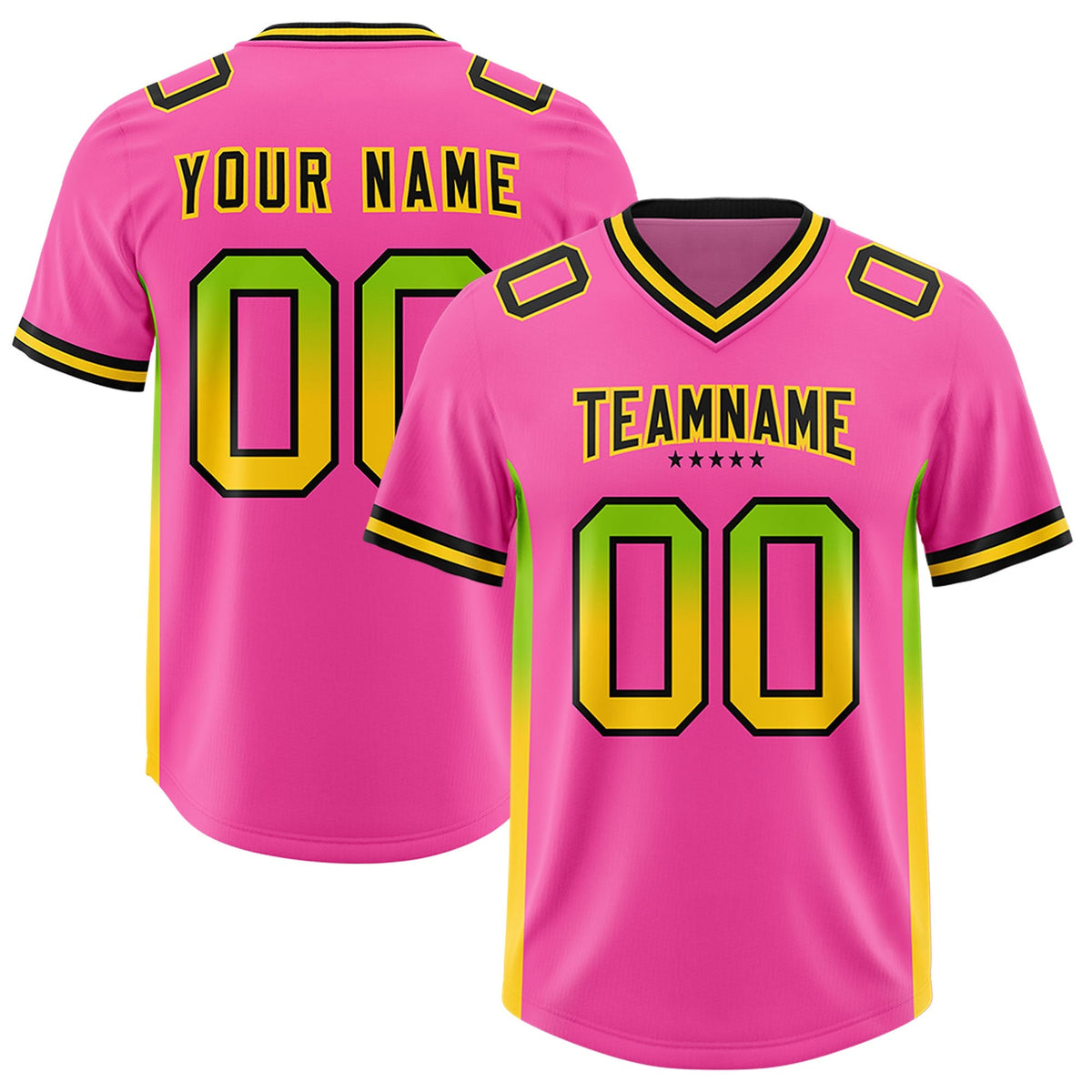 Custom Pink Neon Green and Gold Sides Gradient Fashion Personalized Team American Football Jersey