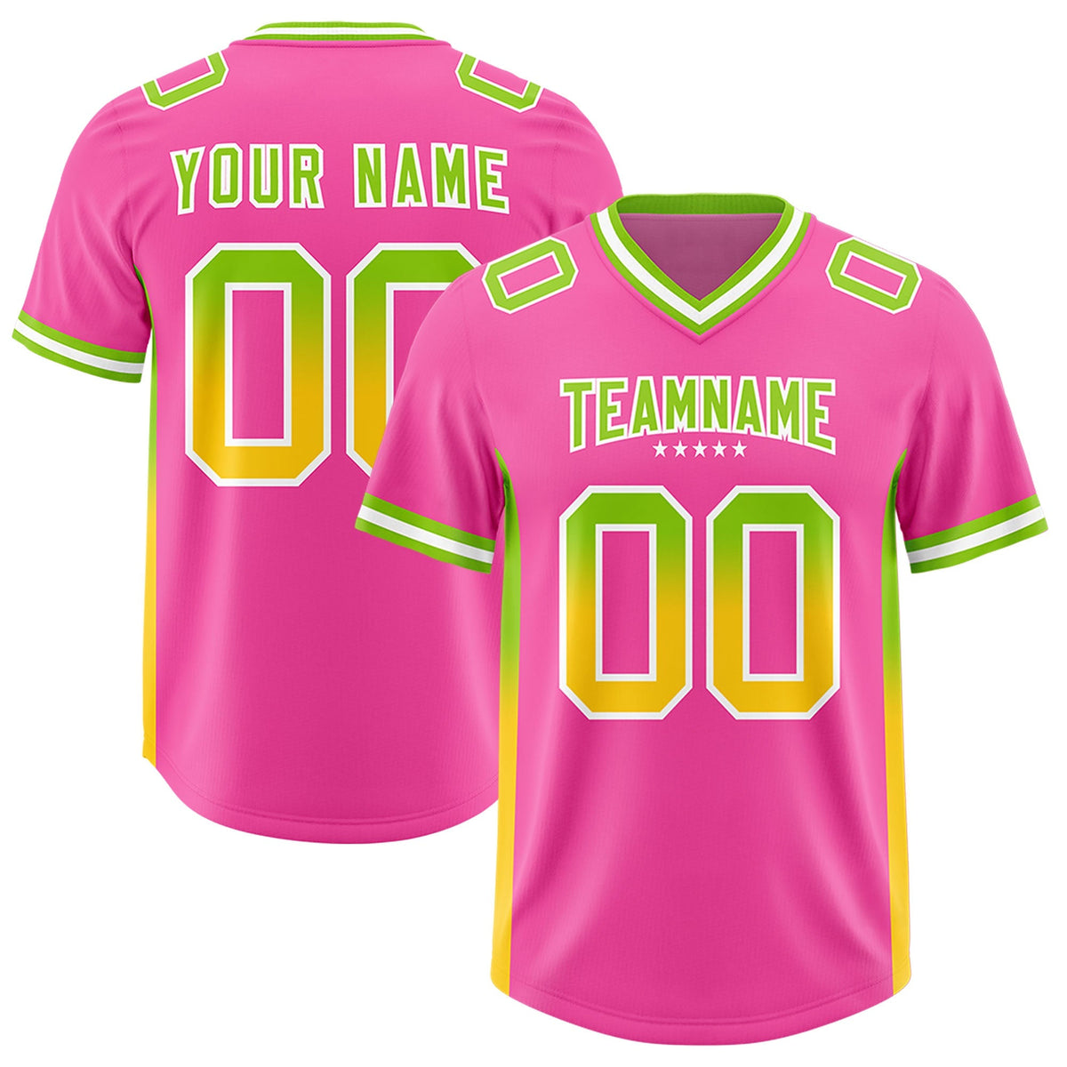 Custom Pink Neon Green and Gold Sides Gradient Fashion Personalized Team American Football Jersey