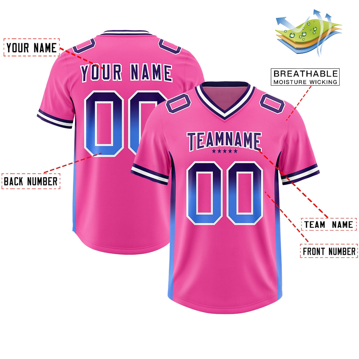 Custom Pink Purple and Powder Blue Sides Gradient Fashion Personalized Team American Football Jersey