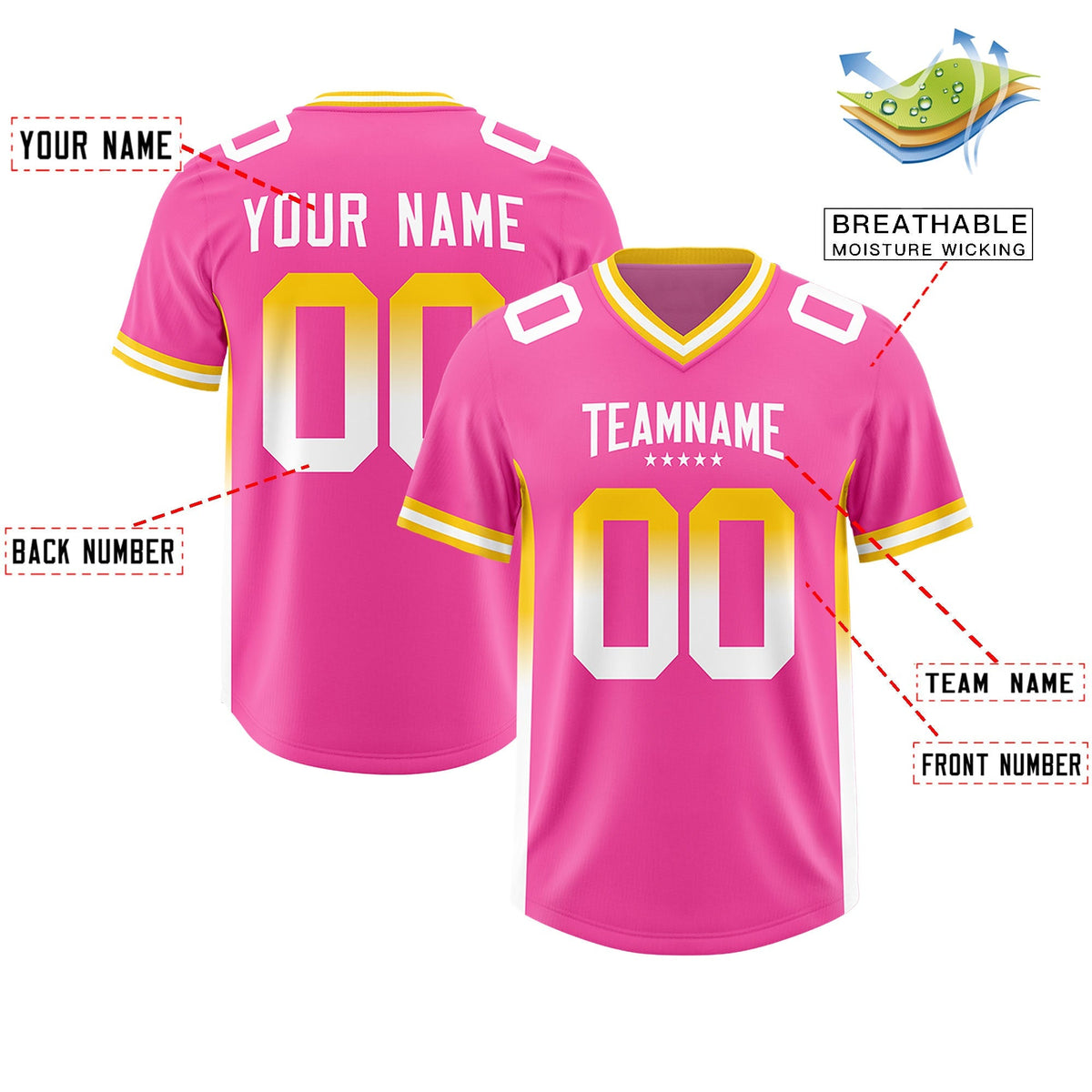 Custom Pink Gold Sides Gradient Fashion Personalized Team American Football Jersey