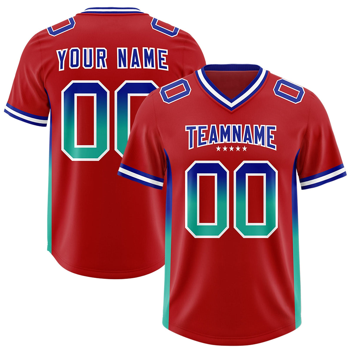 Custom Red Royal and Bright Green Sides Gradient Fashion Personalized Team American Football Jersey