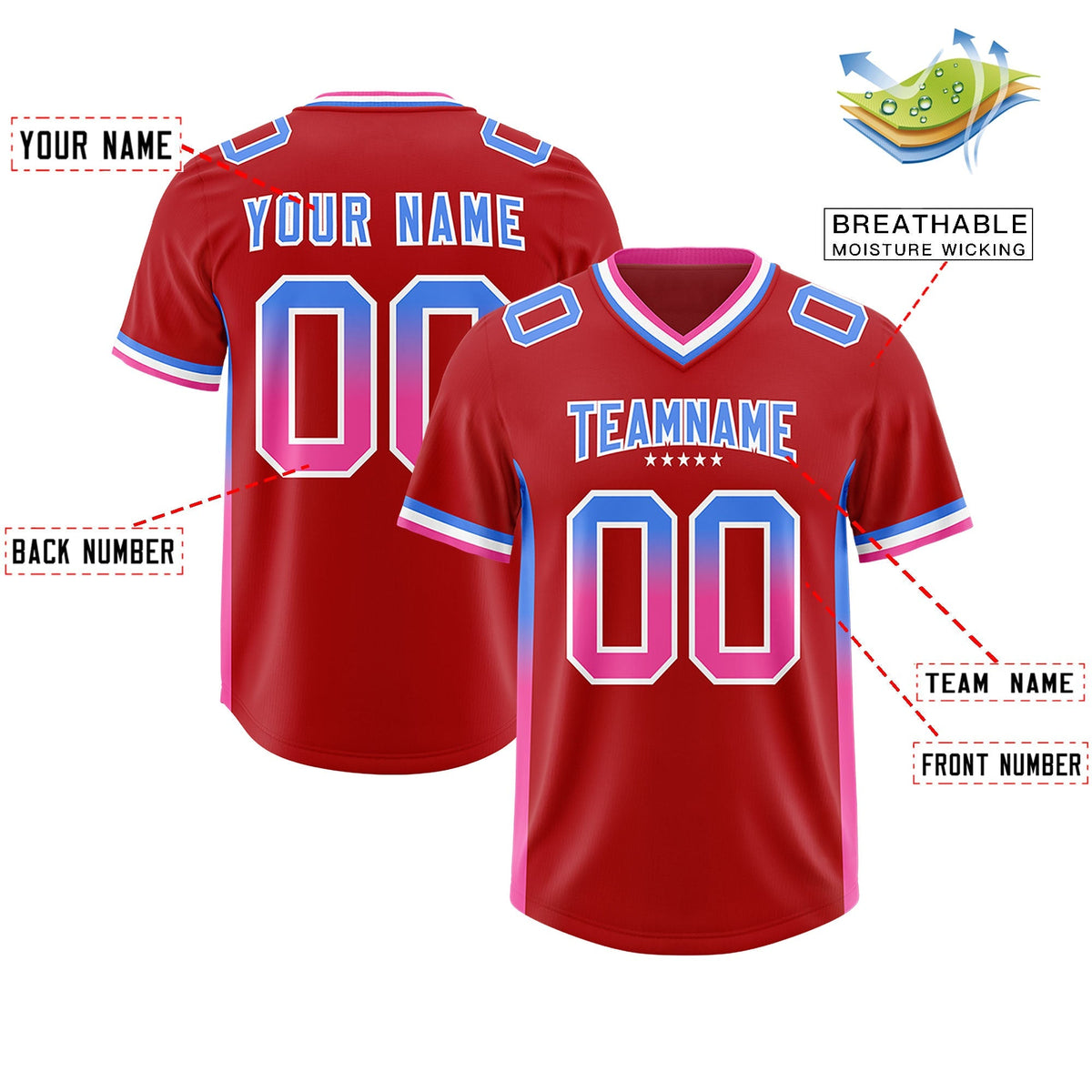 Custom Red Powder Blue and Pink Sides Gradient Fashion Personalized Team American Football Jersey