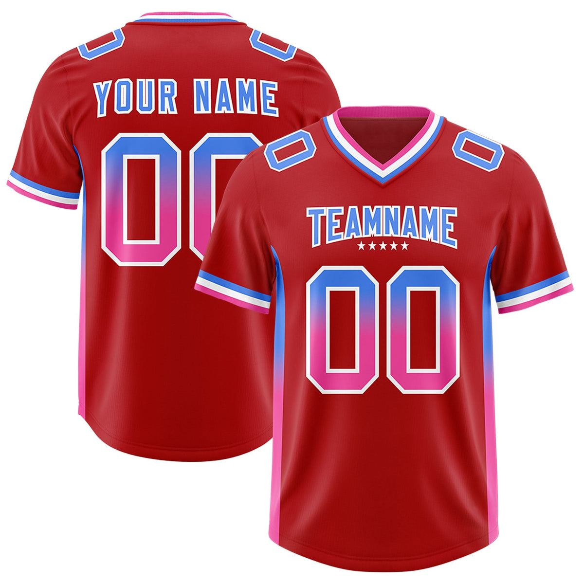 Custom Red Powder Blue and Pink Sides Gradient Fashion Personalized Team American Football Jersey