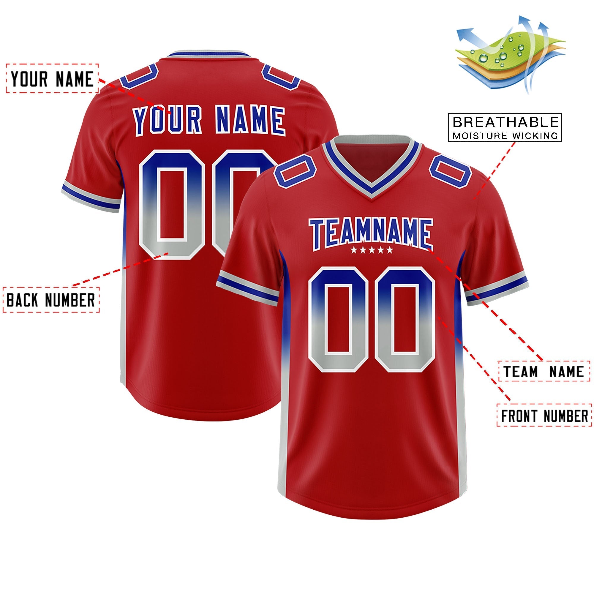 Custom Red Royal and Gray Sides Gradient Fashion Personalized Team American Football Jersey