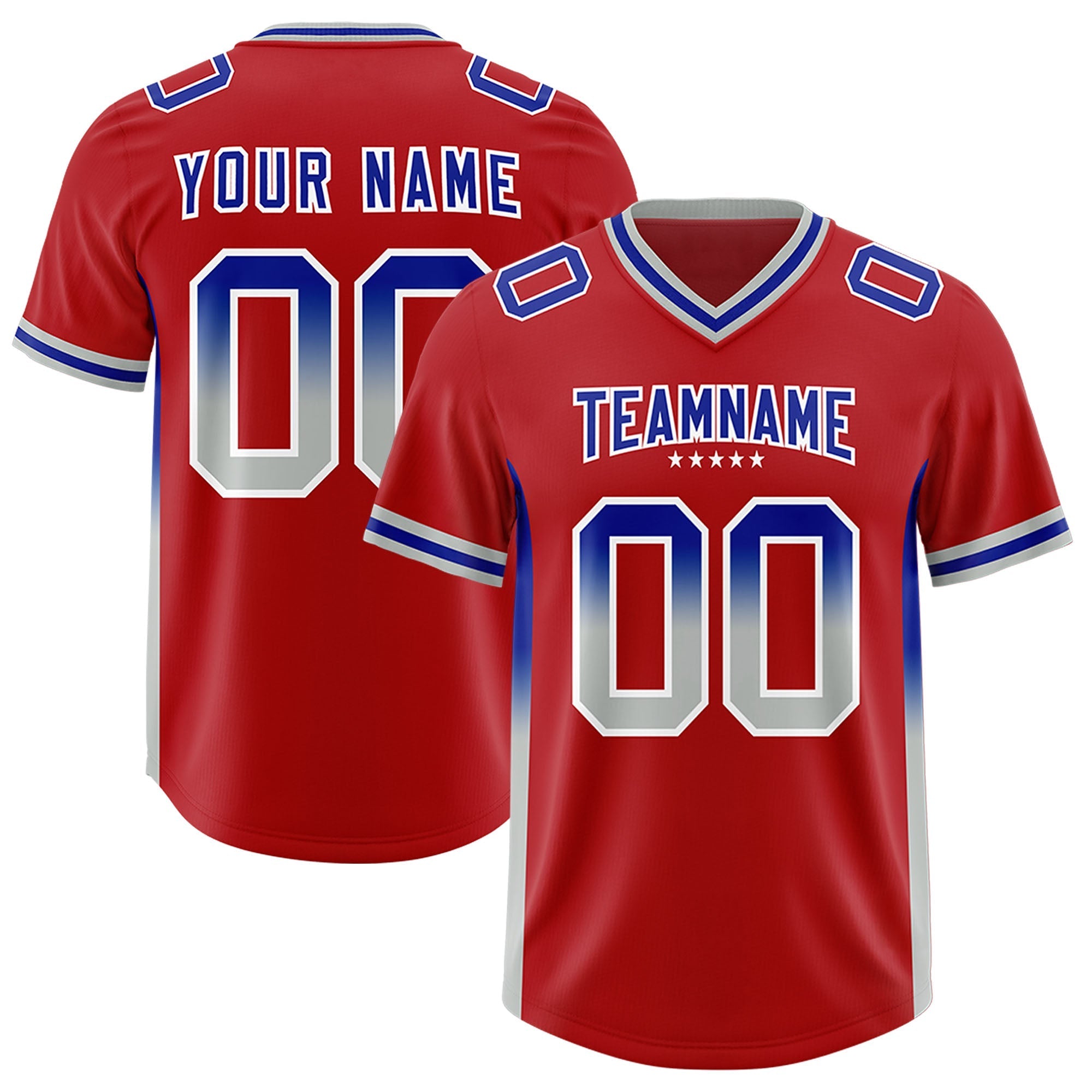 Custom Red Royal and Gray Sides Gradient Fashion Personalized Team American Football Jersey