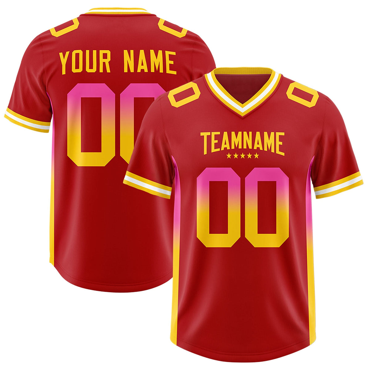 Custom Red Pink and Gold Sides Gradient Fashion Personalized Team American Football Jersey
