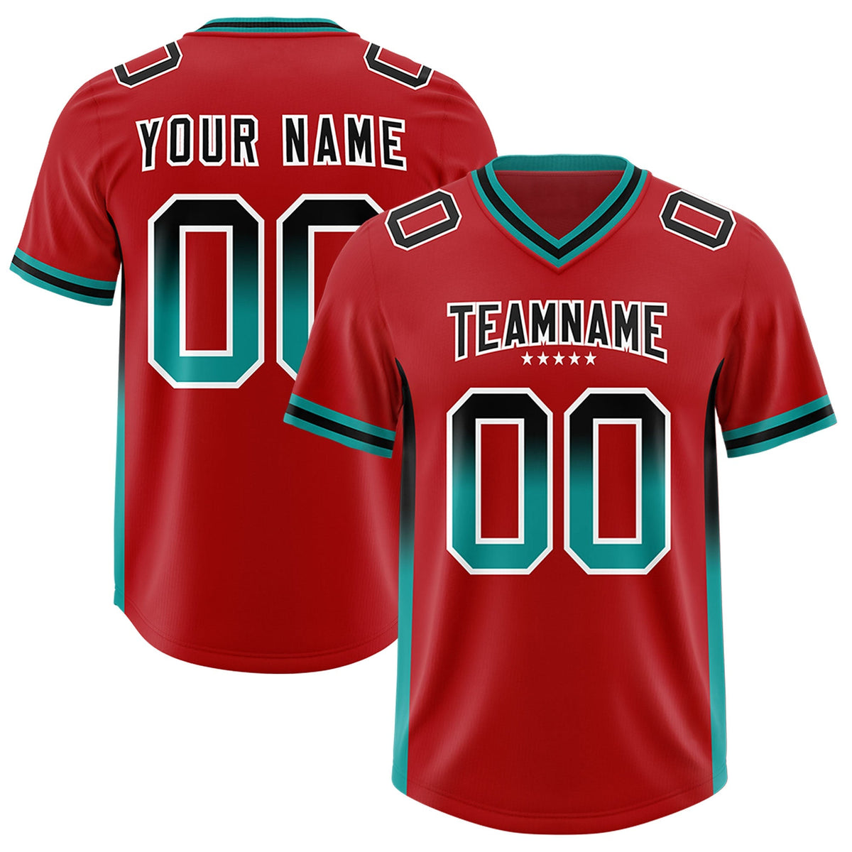 Custom Red Black and Aqua Sides Gradient Fashion Personalized Team American Football Jersey