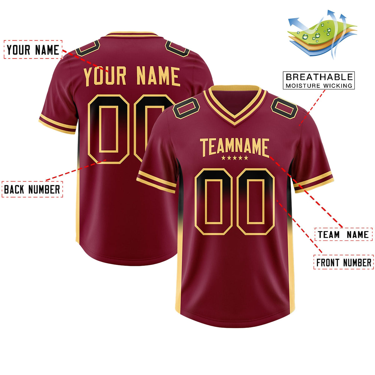 Custom Cardinal Black and Khaki Sides Gradient Fashion Personalized Team American Football Jersey