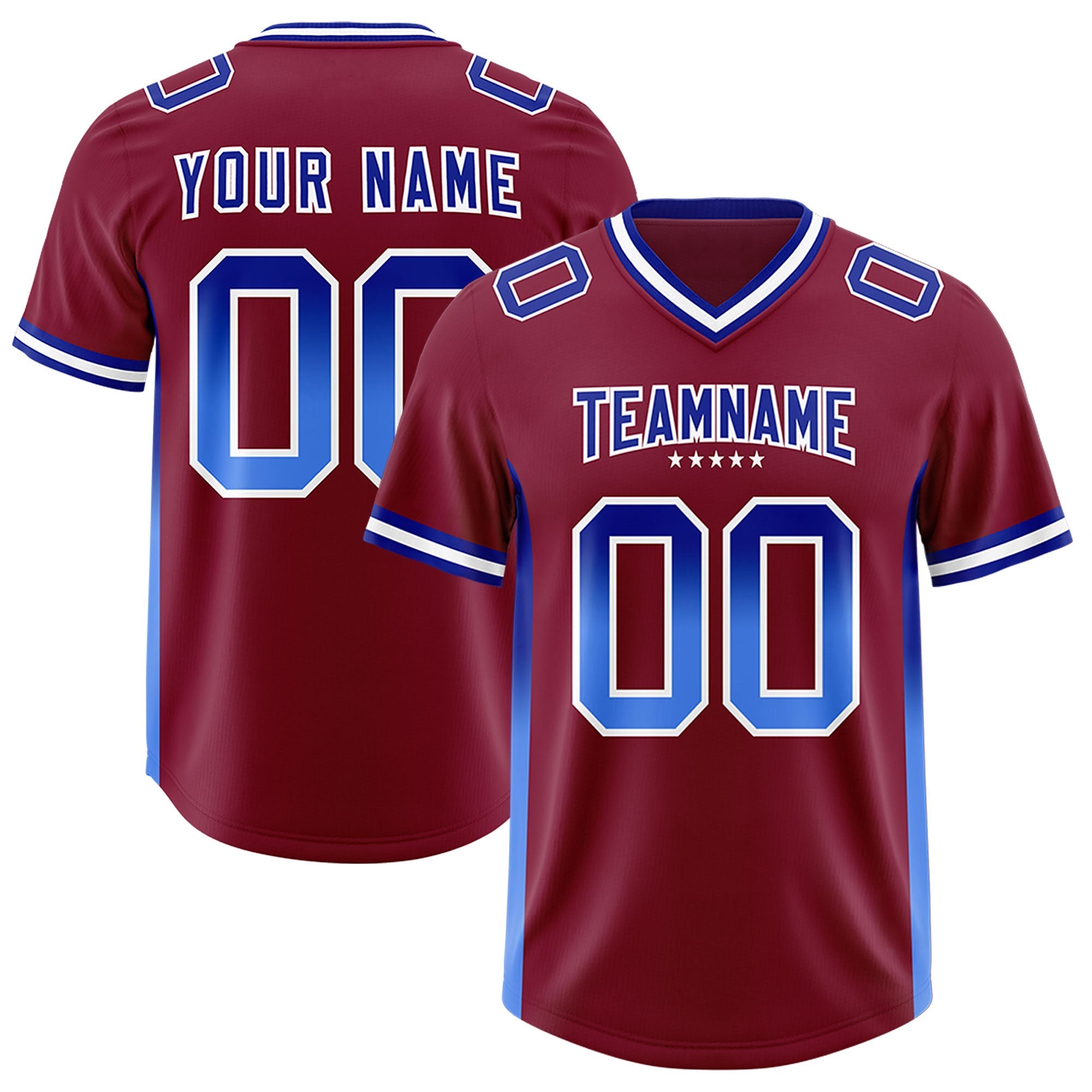 Custom Cardinal Royal and Powder Blue Sides Gradient Fashion Personalized Team American Football Jersey