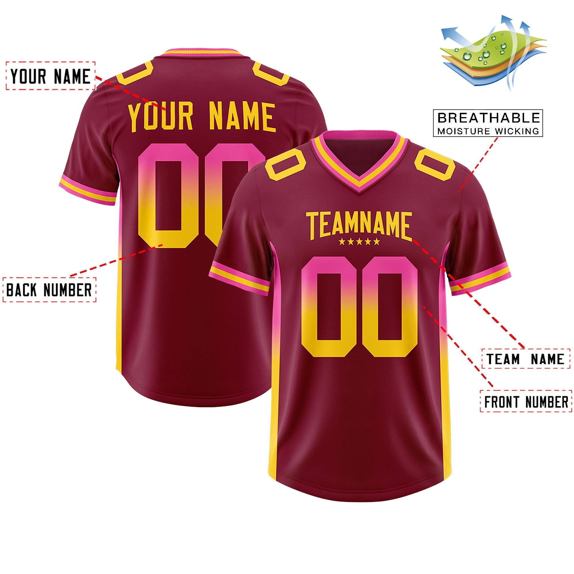 Custom Cardinal Pink and Gold Sides Gradient Fashion Personalized Team American Football Jersey