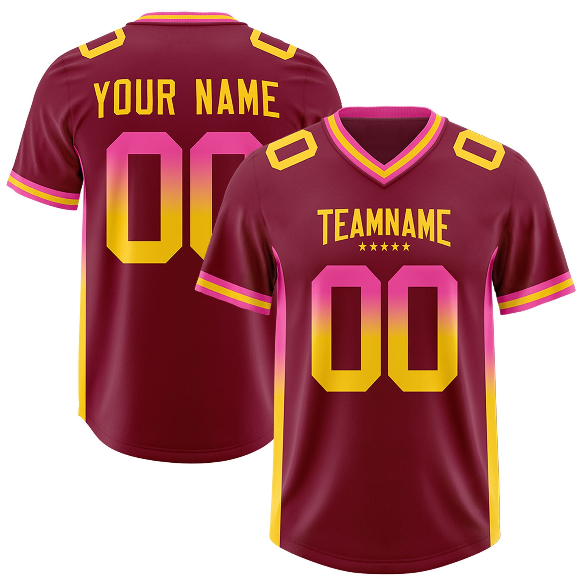 Custom Cardinal Pink and Gold Sides Gradient Fashion Personalized Team American Football Jersey