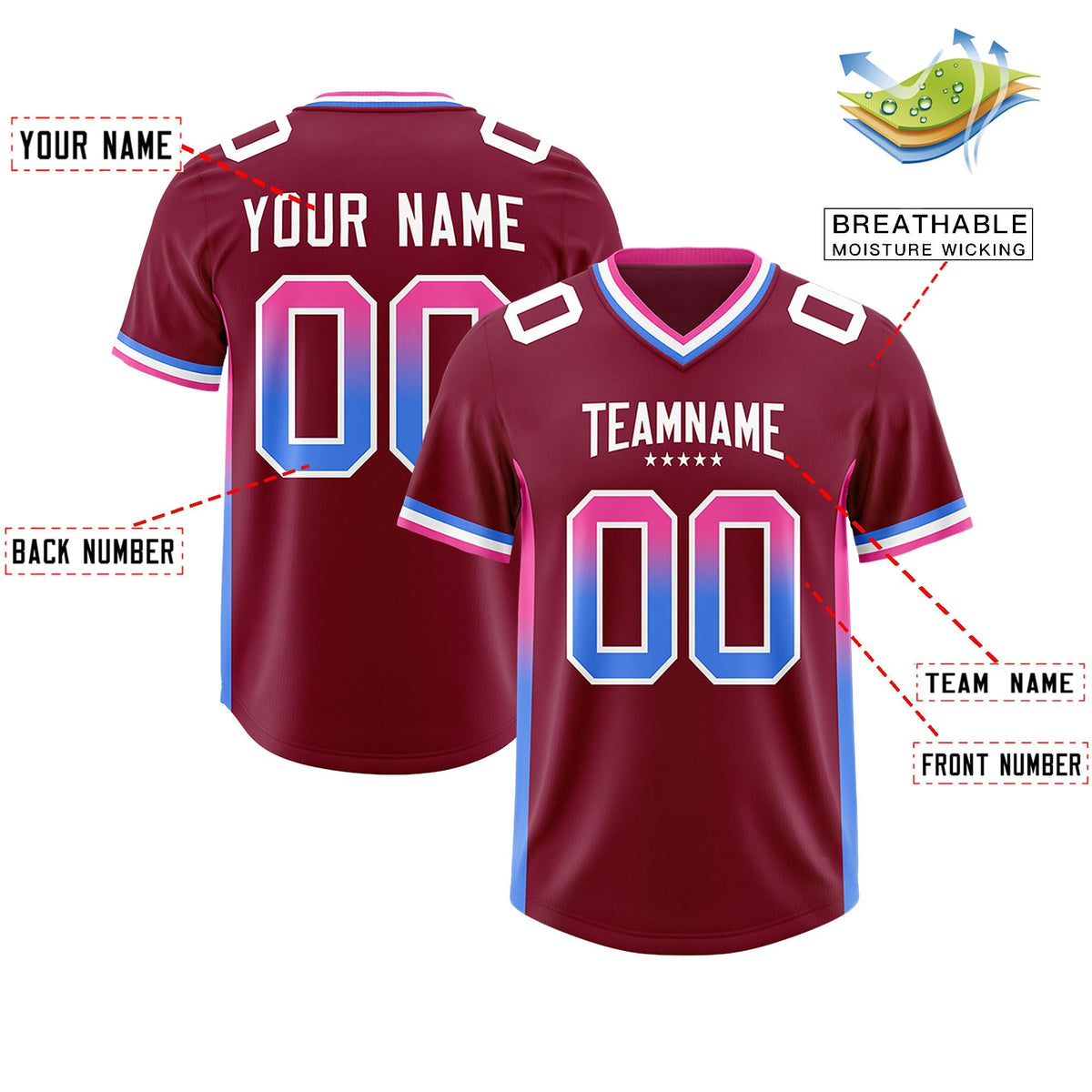 Custom Cardinal Pink and Powder Blue Sides Gradient Fashion Personalized Team American Football Jersey