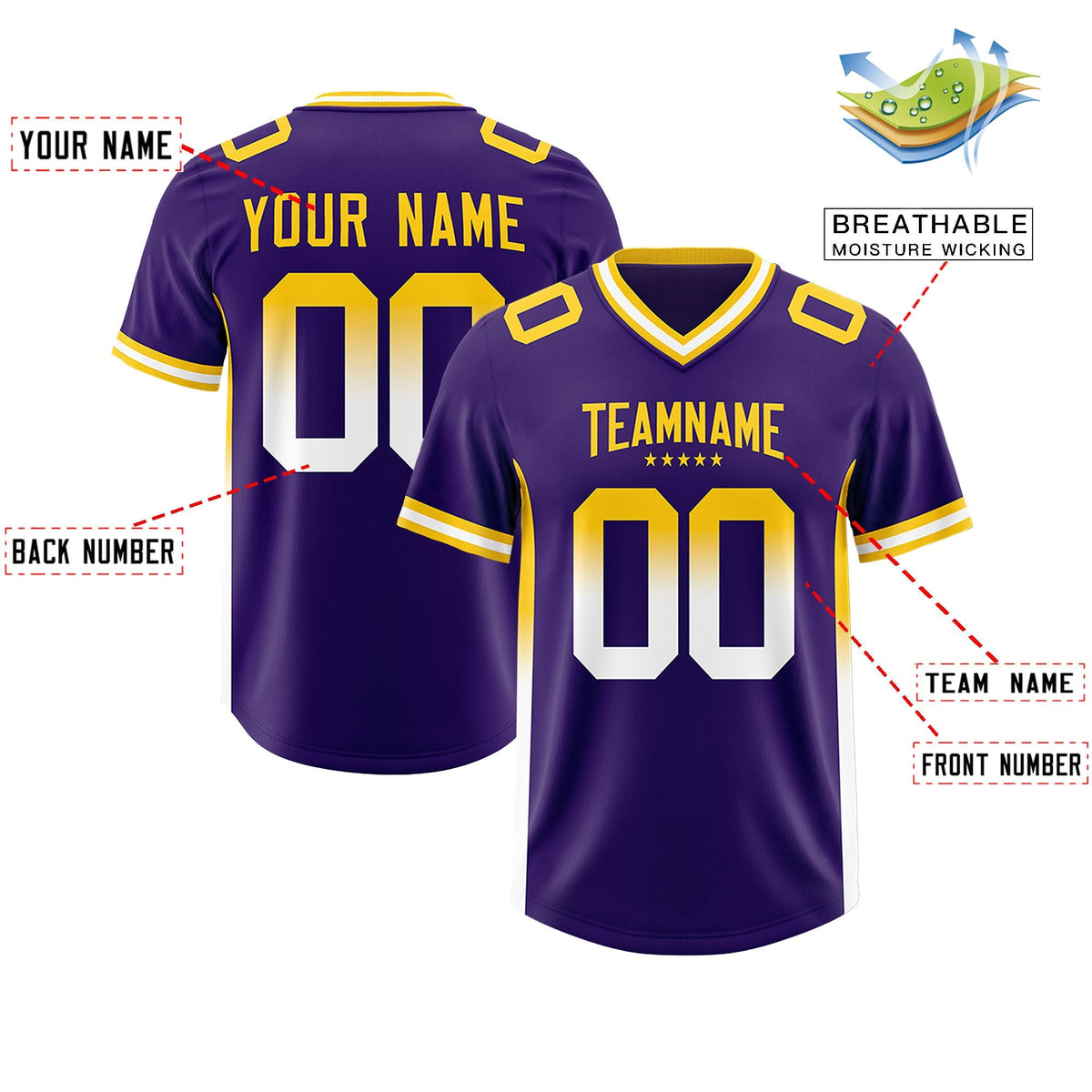 Custom Purple Gold Sides Gradient Fashion Personalized Team American Football Jersey