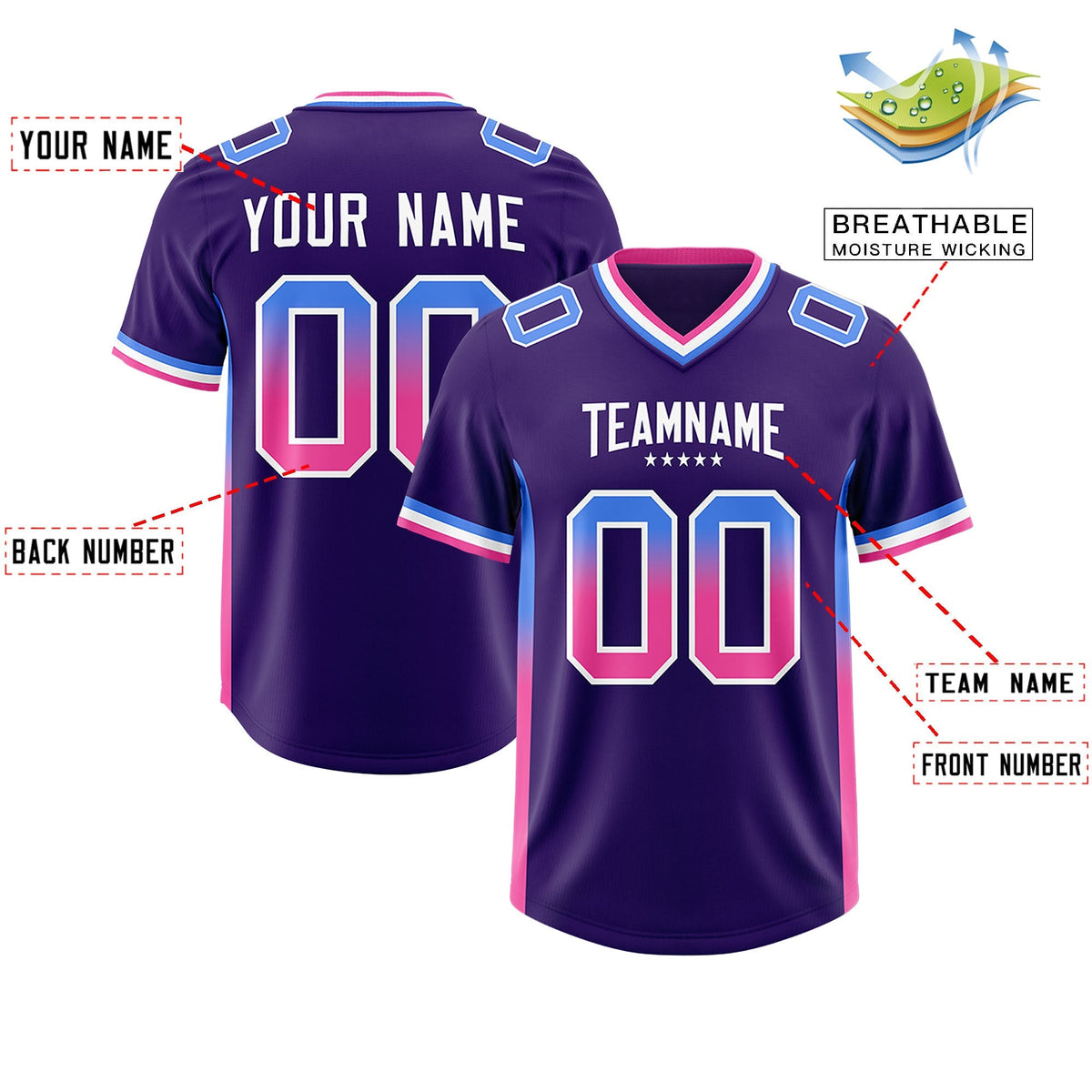 Custom Purple Powder Blue and Pink Sides Gradient Fashion Personalized Team American Football Jersey