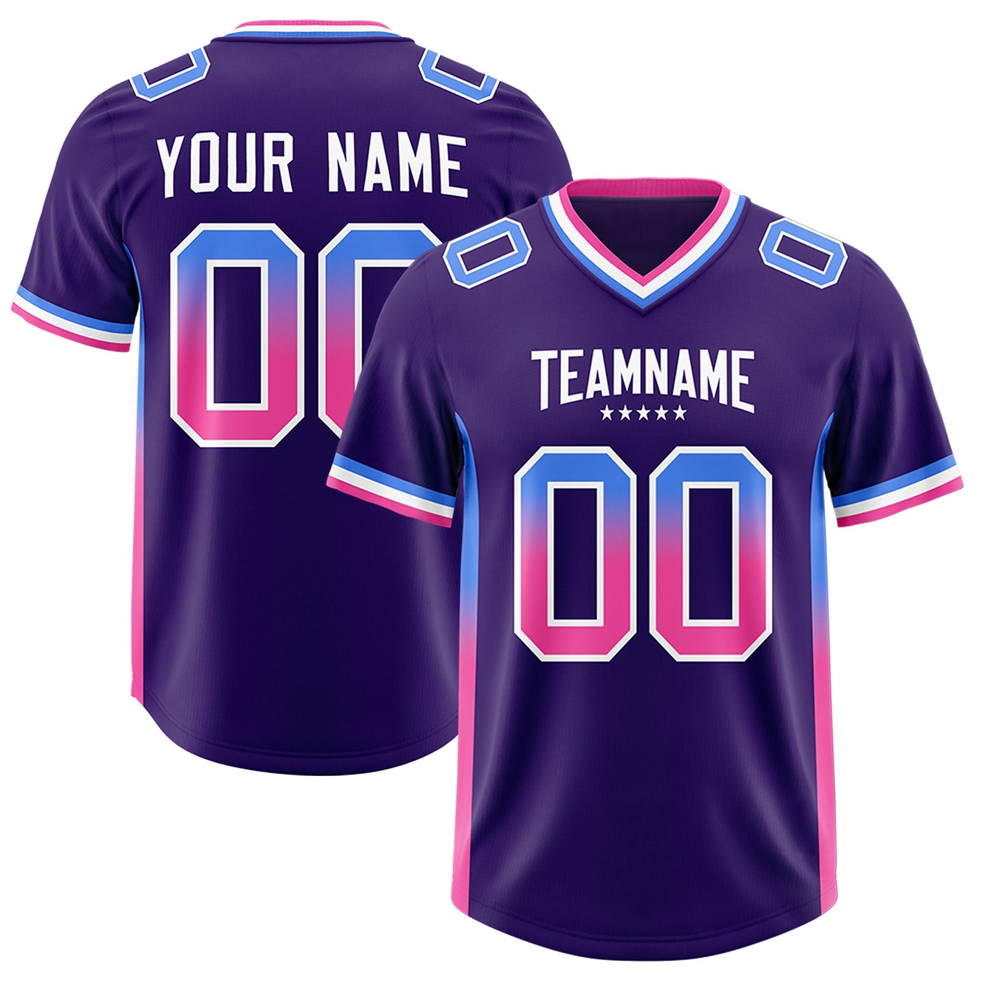 Custom Purple Powder Blue and Pink Sides Gradient Fashion Personalized Team American Football Jersey