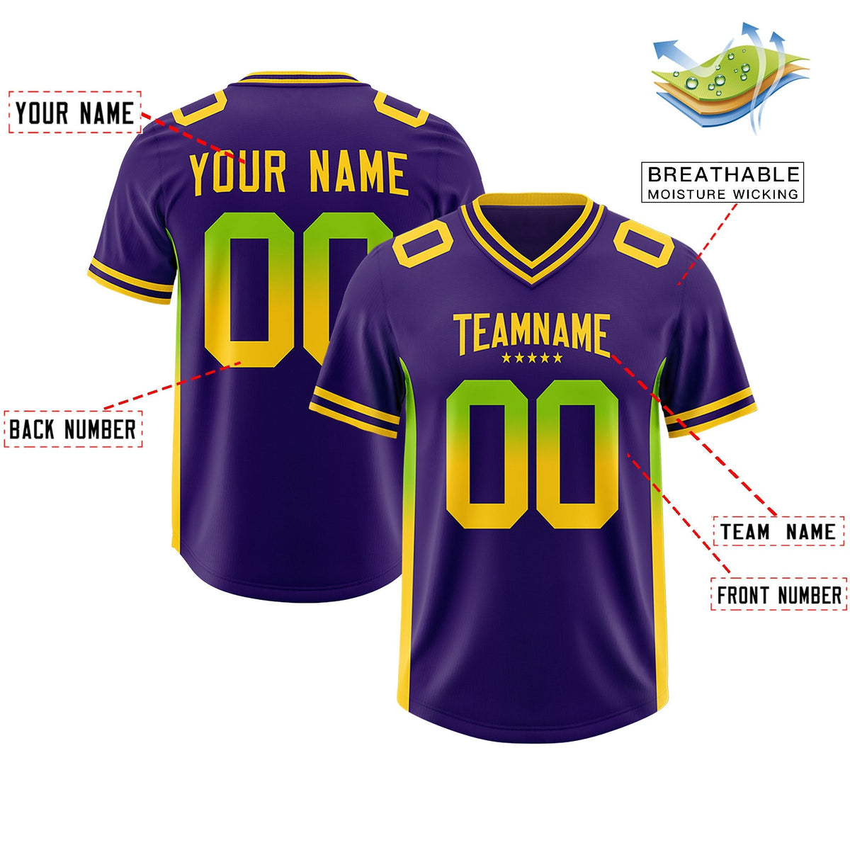 Custom Purple Neon Green and Gold Sides Gradient Fashion Personalized Team American Football Jersey