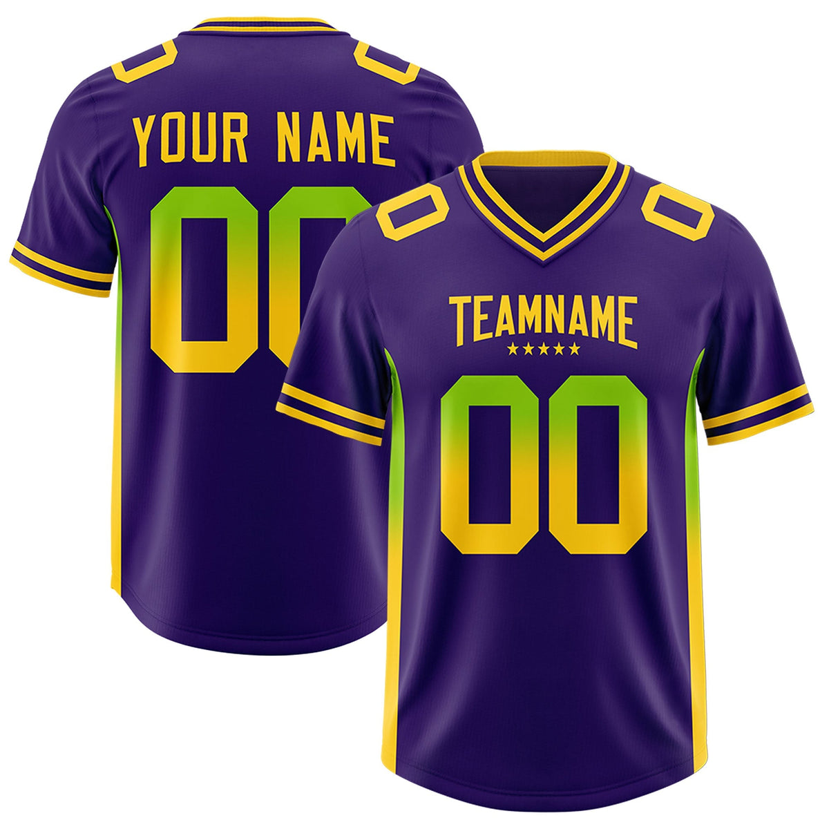 Custom Purple Neon Green and Gold Sides Gradient Fashion Personalized Team American Football Jersey