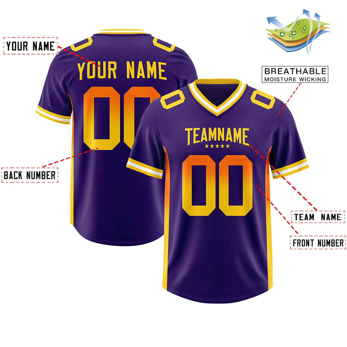 Custom Purple Orange and Gold Sides Gradient Fashion Personalized Team American Football Jersey