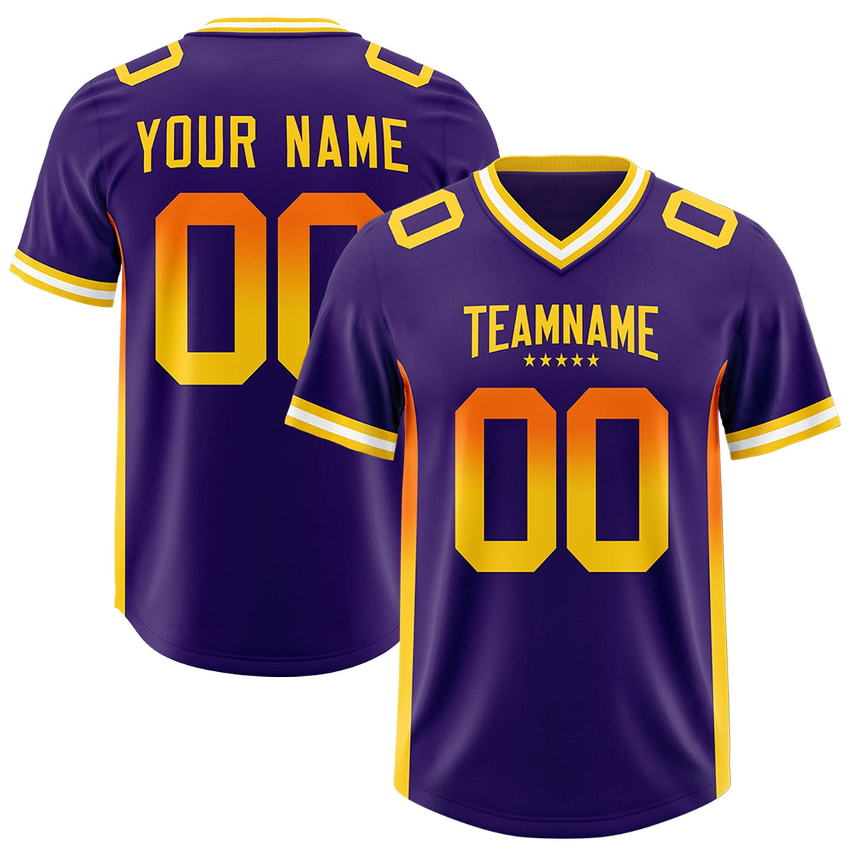 Custom Purple Orange and Gold Sides Gradient Fashion Personalized Team American Football Jersey
