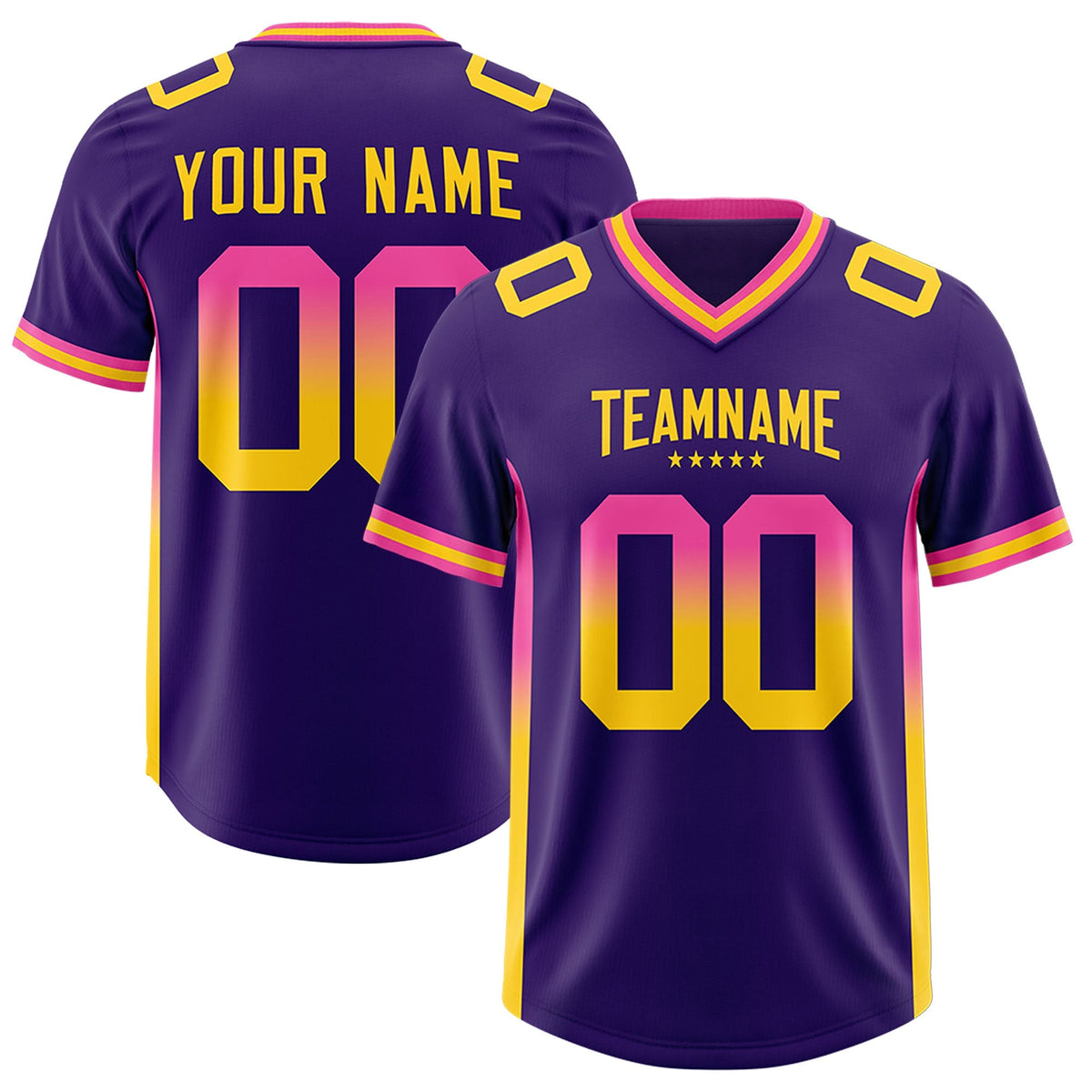 Custom Purple Pink and Gold Sides Gradient Fashion Personalized Team American Football Jersey