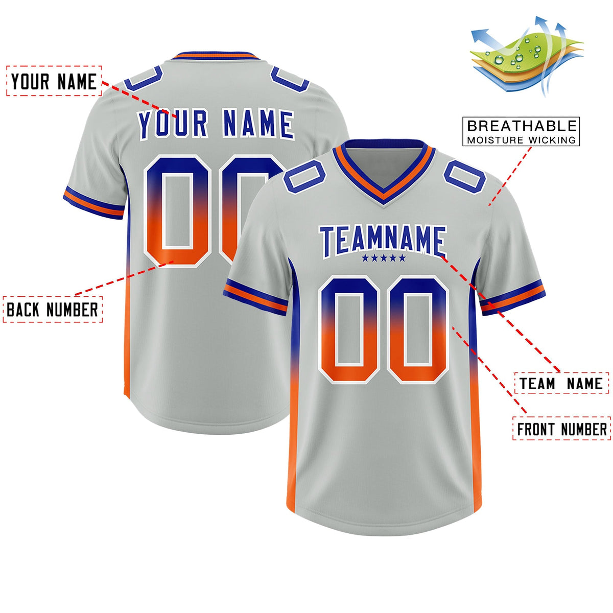Custom Gray Royal and Orange Sides Gradient Fashion Personalized Team American Football Jersey
