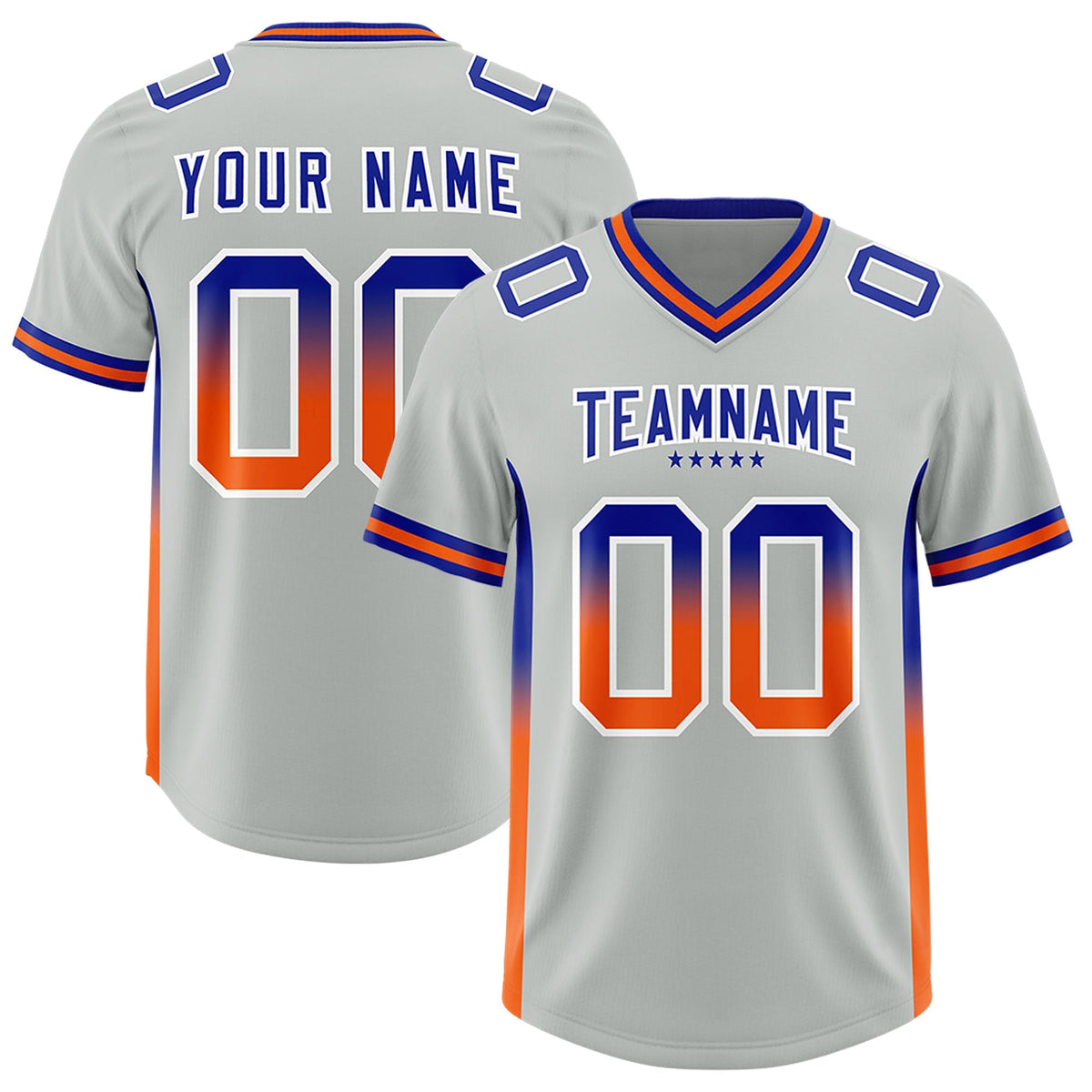 Custom Gray Royal and Orange Sides Gradient Fashion Personalized Team American Football Jersey