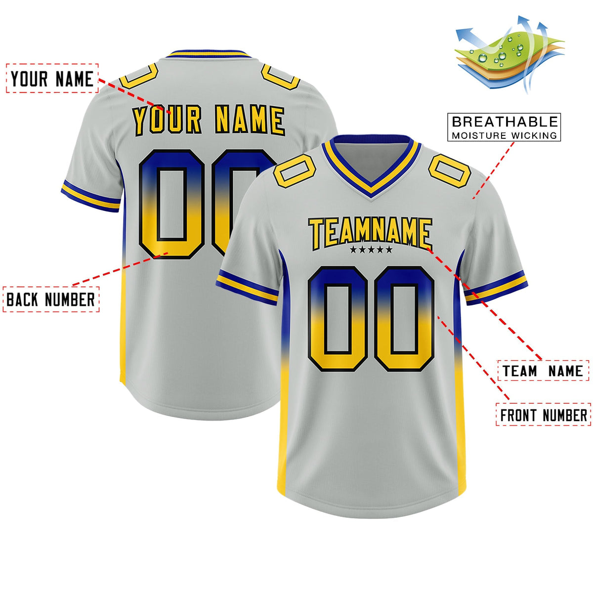 Custom Gray Royal and Gold Sides Gradient Fashion Personalized Team American Football Jersey