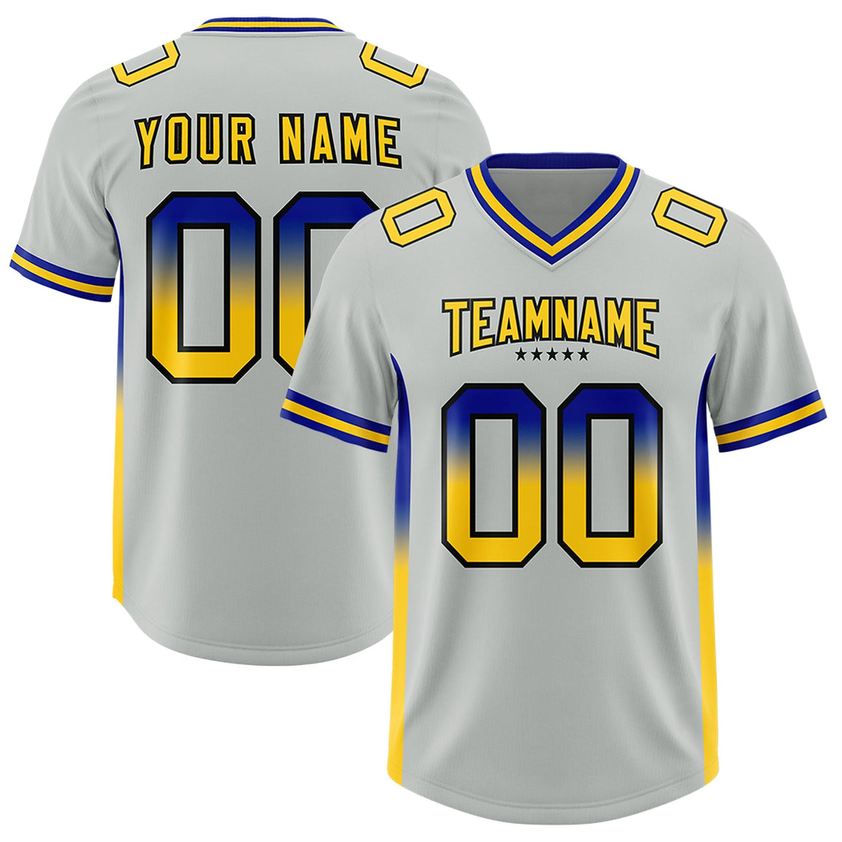 Custom Gray Royal and Gold Sides Gradient Fashion Personalized Team American Football Jersey