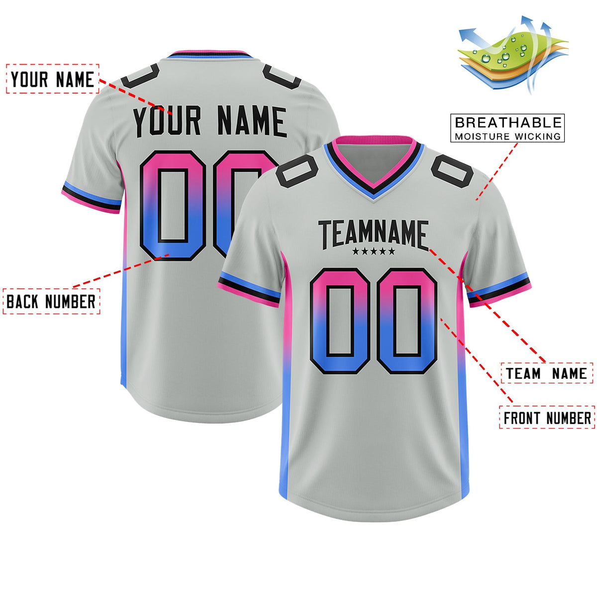 Custom Gray Pink and Powder Blue Sides Gradient Fashion Personalized Team American Football Jersey
