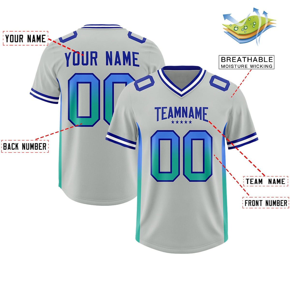 Custom Gray Powder Blue and Bright Green Sides Gradient Fashion Personalized Team American Football Jersey