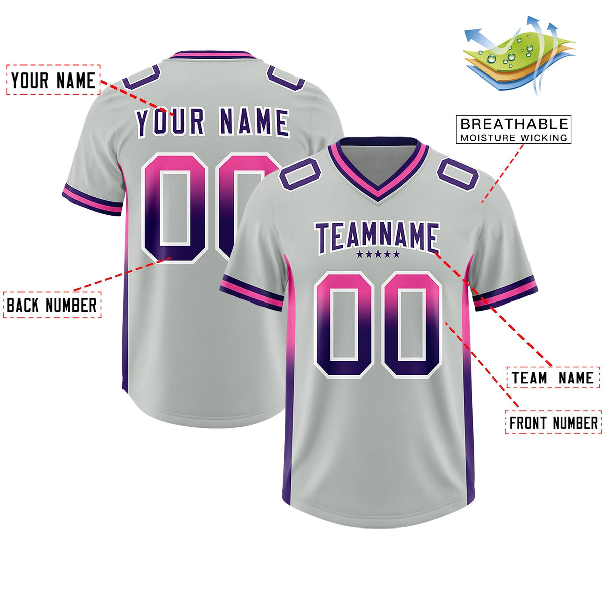 Custom Gray Pink and Purple Sides Gradient Fashion Personalized Team American Football Jersey