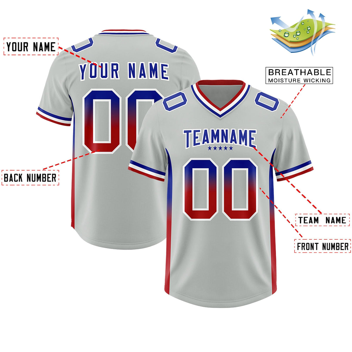 Custom Gray Royal and Red Sides Gradient Fashion Personalized Team American Football Jersey