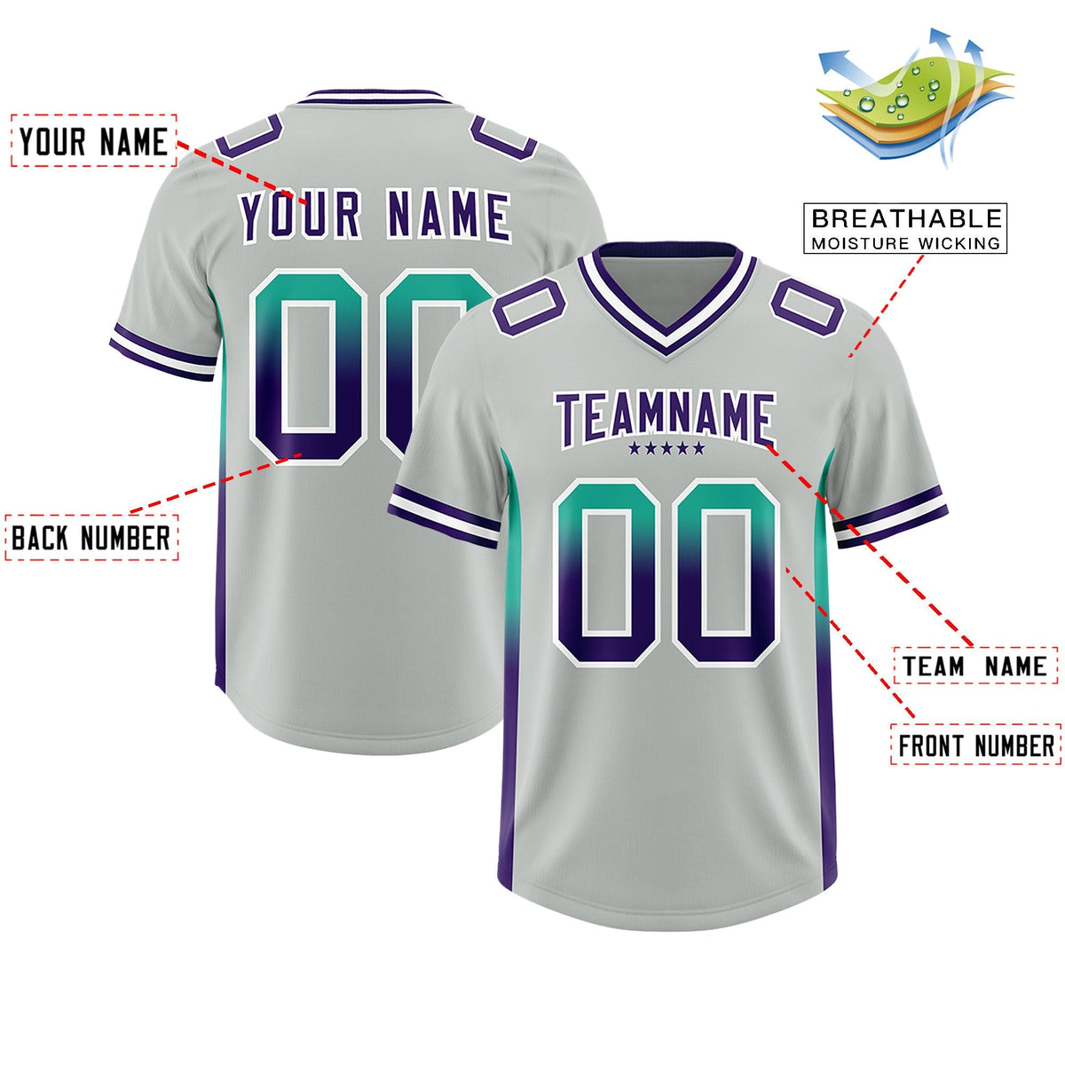Custom Gray Bright Green and Purple Sides Gradient Fashion Personalized Team American Football Jersey