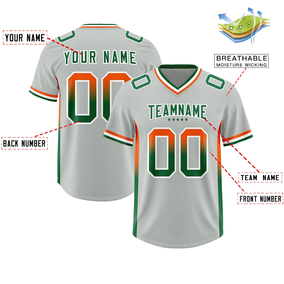 Custom Gray Orange and Kelly Green Sides Gradient Fashion Personalized Team American Football Jersey