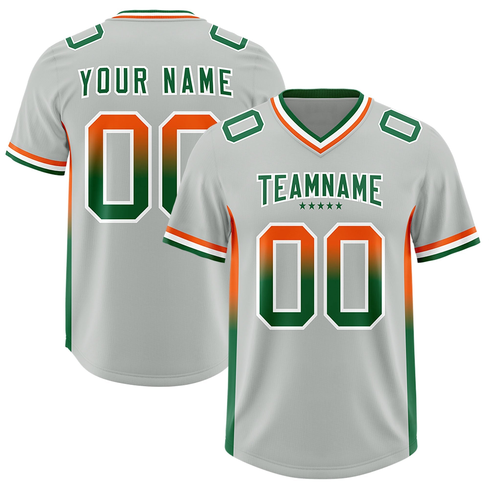 Custom Gray Orange and Kelly Green Sides Gradient Fashion Personalized Team American Football Jersey