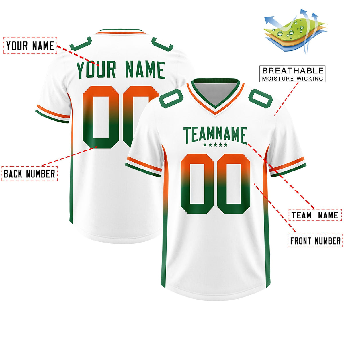Custom White Orange and Kelly Green Sides Gradient Fashion Personalized Team American Football Jersey