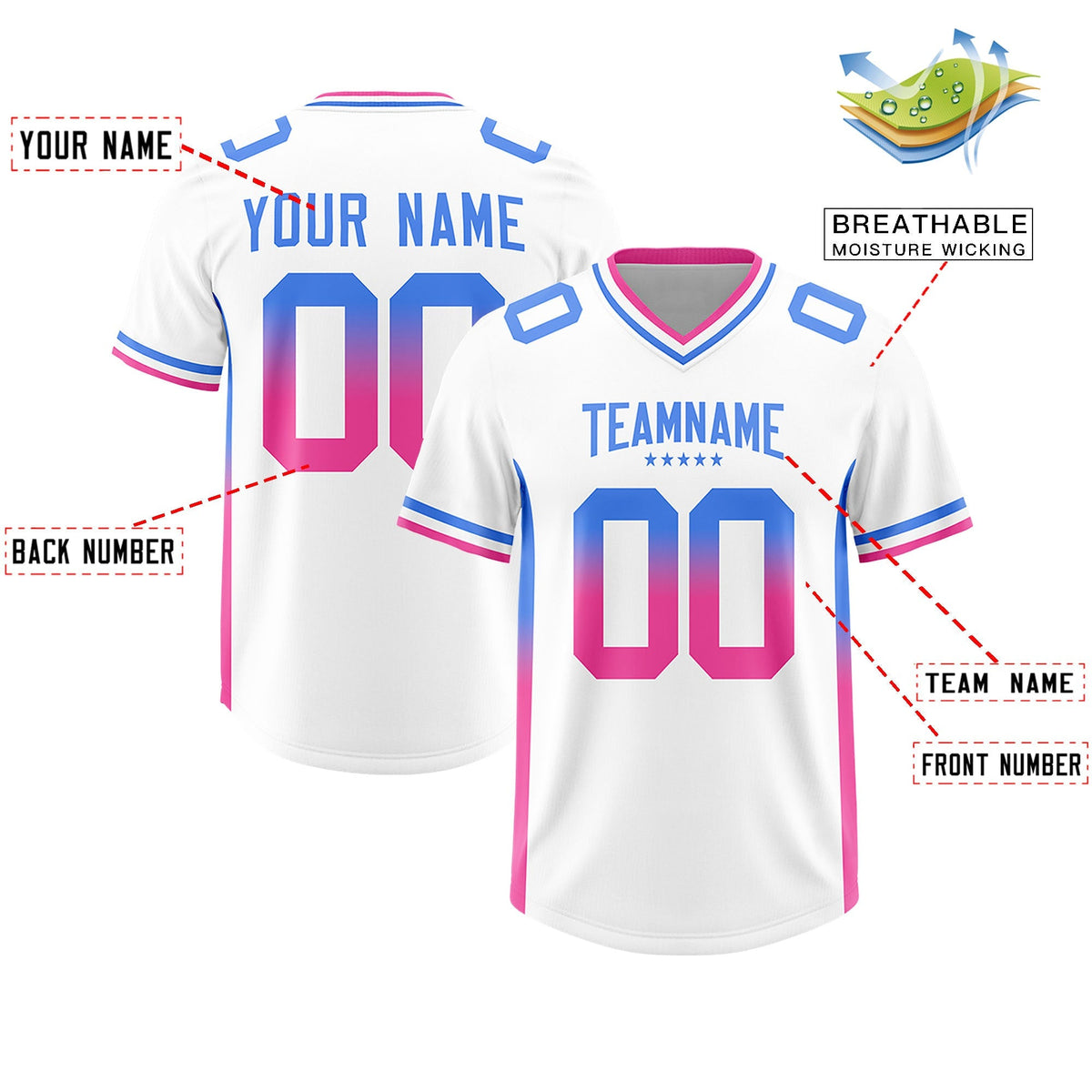 Custom White Powder Blue and Pink Sides Gradient Fashion Personalized Team American Football Jersey