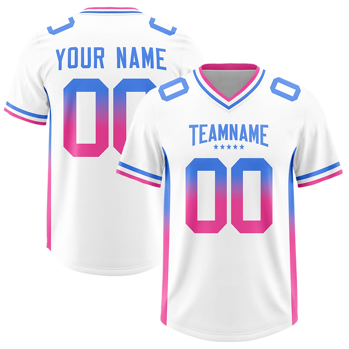 Custom White Powder Blue and Pink Sides Gradient Fashion Personalized Team American Football Jersey